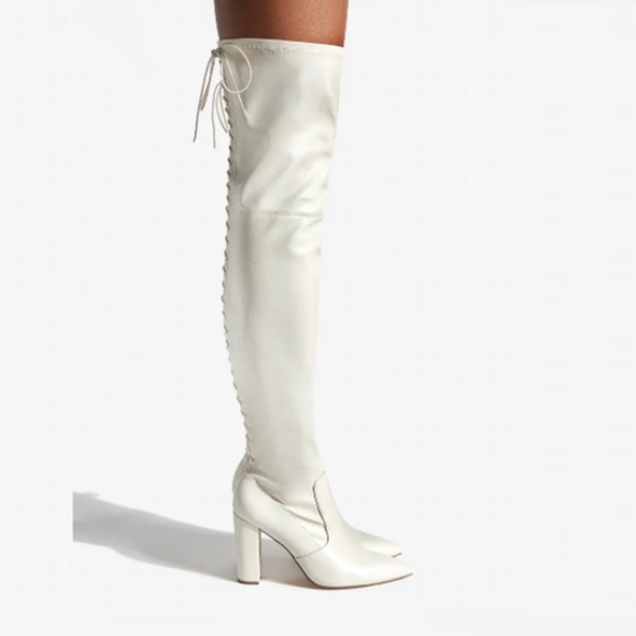 🆕 High Block Heel Boots in Off White Bone Wide Calf - Picture 3 of 6